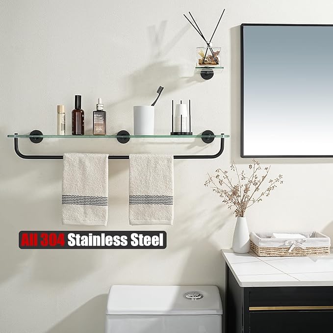 JQK Bathroom Glass Shelf, Shelf with 29 Inch Towel Bar Tempered Glass Shower Storage 30 by 5 inches, 304 Stainless Steel Matte Black Wall Mount, TGS100L30-PB