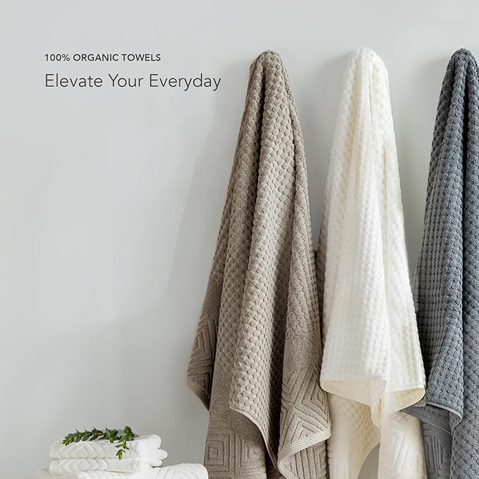 Texere 100% Organic Cotton Diamond Jacquard Luxury Bath Towel Sets - Soft and Absorbent Hotel and Spa Quality - 2 Large Bath Towels, 2 Hand Towels, 2 Washcloths (Diamond, Cream, 6 Piece)