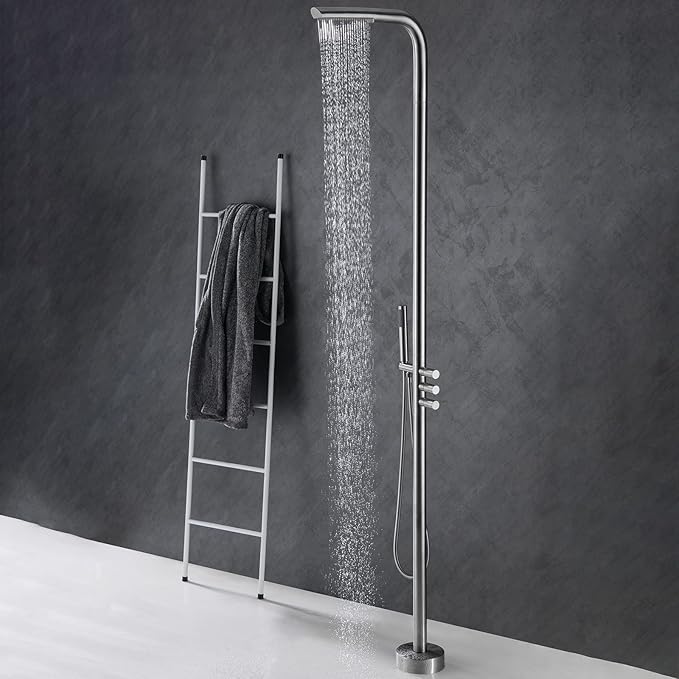 RBROHANT Outdoor Shower Brass Outside Shower Kit for Backyard Garden Pool Beach, Freestanding Outdoor Shower Fixtures with Overhead Shower Head and Handheld, Floor Mounted, Brushed Nickel, RB0089