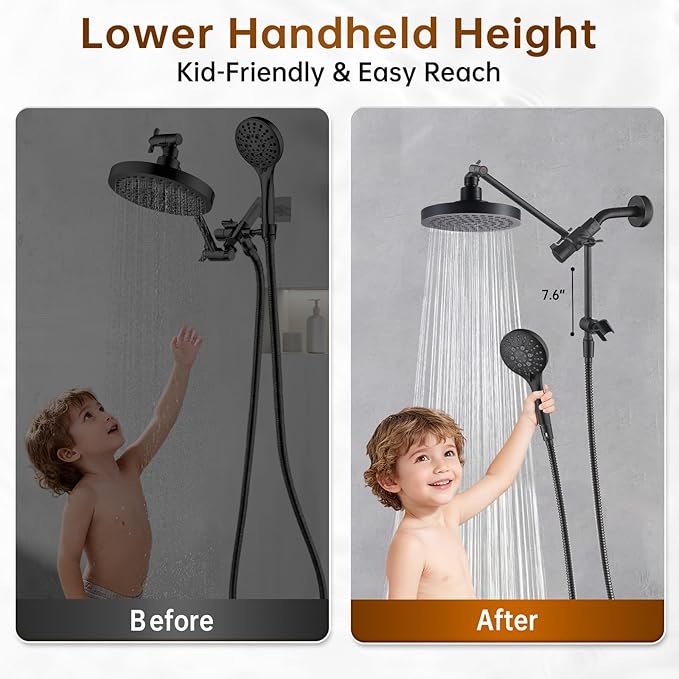 BRIGHT SHOWERS Rain Shower Head with Handheld Spray Built-in Power Wash, High Pressure Dual Shower Head with Height Adjustable Extension Arm, 3-Way Diverter, 9 Settings Handheld, 69” Long Hose, ORB