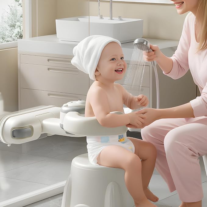 Adjustable Baby Bath Stand with Strong Suction Cups – Foldable Shower Support Seat for Babies 6 Months & Up, No-Drill ABS Plastic with Drain Holes, Safe & Stable Toddler Bath Helper (Bear)