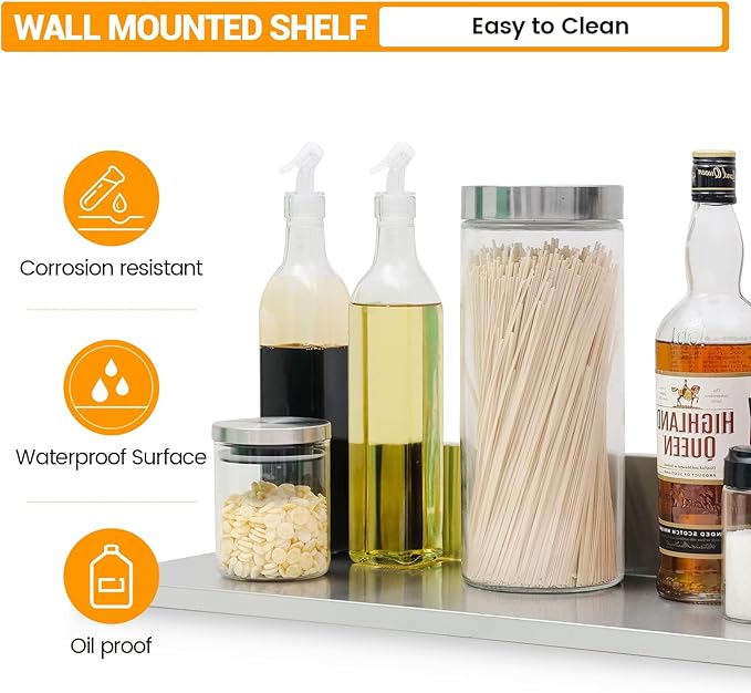 Stainless Steel Wall Shelf 8.6"x24" 60LB, 2 Packs L-Shaped Commercial Wall Mount Floating Shelving for Kitchen, Restaurant, Home