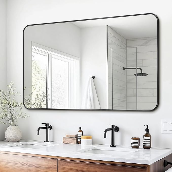 Antok Bathroom Mirror,50"x30" Wall Mirror, Decorative Mirrors Vanity Mirror Aluminum Alloy Frame Contemporary Hanging Mirror for Living Room Bathroom Entryway,Black,Round Corner