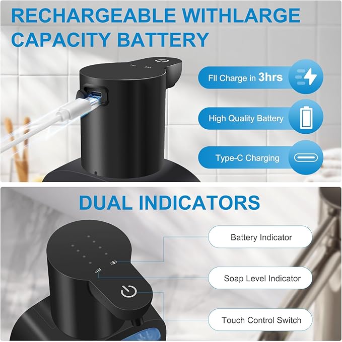 Automatic Liquid Soap Dispenser with 500ml /17oz Capacity, Touchless Soap Dispenser with 4 Level Adjustable, Rechargeable, Wall-Mounted, Waterproof for Kitchen, Bathroom, Hotel, Restaurant