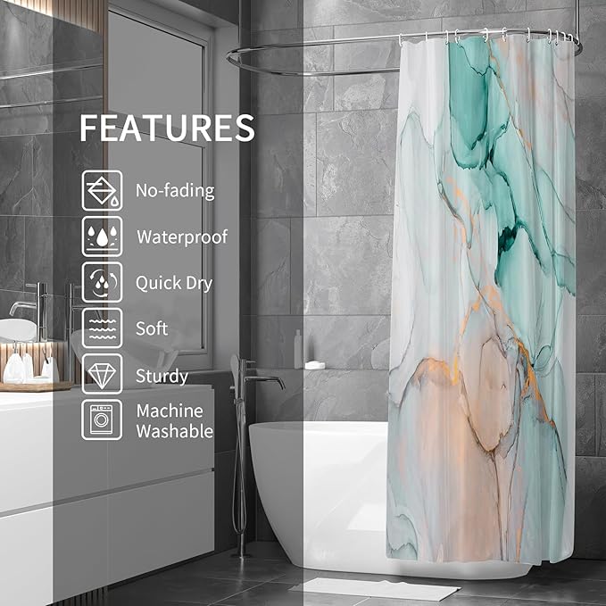 Gibelle Abstract Marble Shower Curtain, Teal Grey Fabric Shower Curtain for Bathroom, Modern Ink Art Decor Waterproof Shower Curtain Set with Hooks, 71x71
