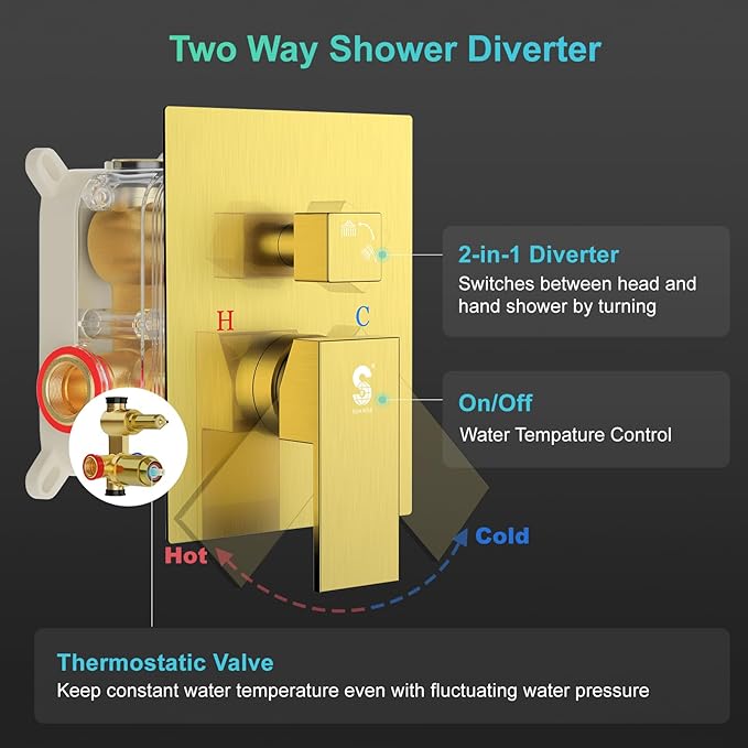 SR SUN RISE 12 Inch Brushed Gold Shower Faucet Set, Wall-Mount Adjustable 16-Inch Slide Bar with Square Hand Shower System Included Valve and Trim Kit