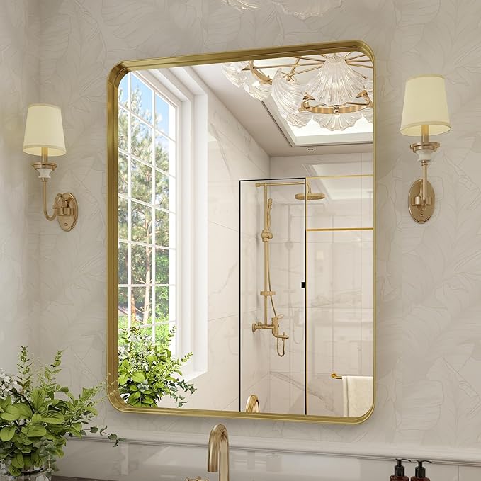 VooBang Bathroom Mirror 24x36 inch, Gold Gorgeous Deep Frame Wall Mirror, Modern Round Corner Bathroom Vanity Mirror for Bedroom, Living Room, Hanging or Leaning Horizontal or Vertical, Gold