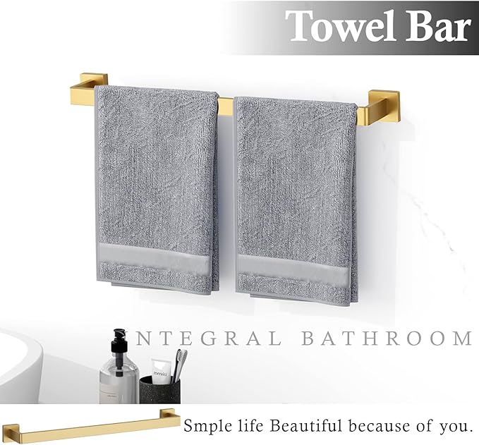 10-Piece Brushed Gold Bathroom Accessories Set – 23.6" Towel Bar, Towel Ring, Toilet Paper Holder & Hooks, Wall Mounted Bathroom Hardware, Rust & Corrosion-Resistant, Ideal for Modern Bathrooms