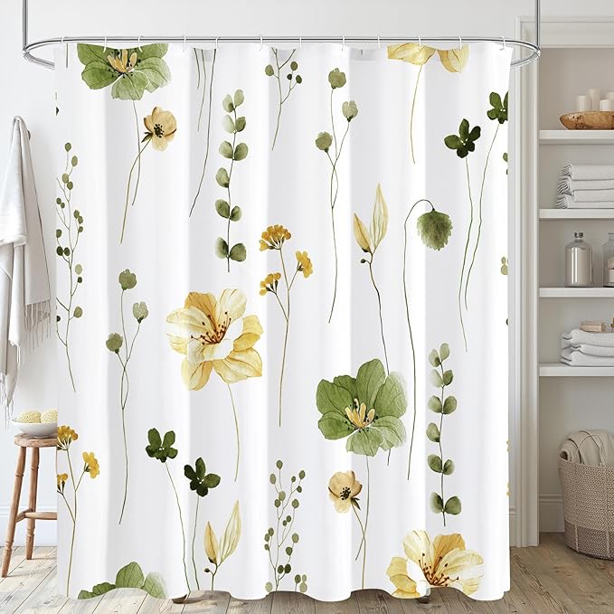 Gibelle Watercolor Floral Shower Curtain, Olive Green Beige Flower Shower Curtain for Bathroom, Modern Minimalist Waterproof Fabric Shower Curtain Set 72x72 Inch
