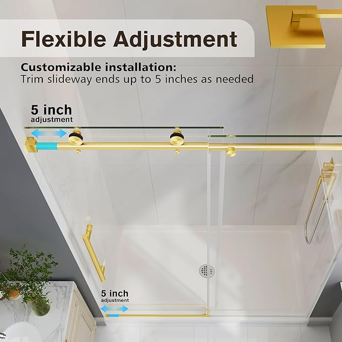 Frameless Glass Shower Door, 43-48" W x 76" H Sliding Frameless Shower Door, 1/4''(6mm) SGCC Tempered Glass, Explosion-Proof Film Nano Coating, Stainless Steel Hardware, Brushed Gold