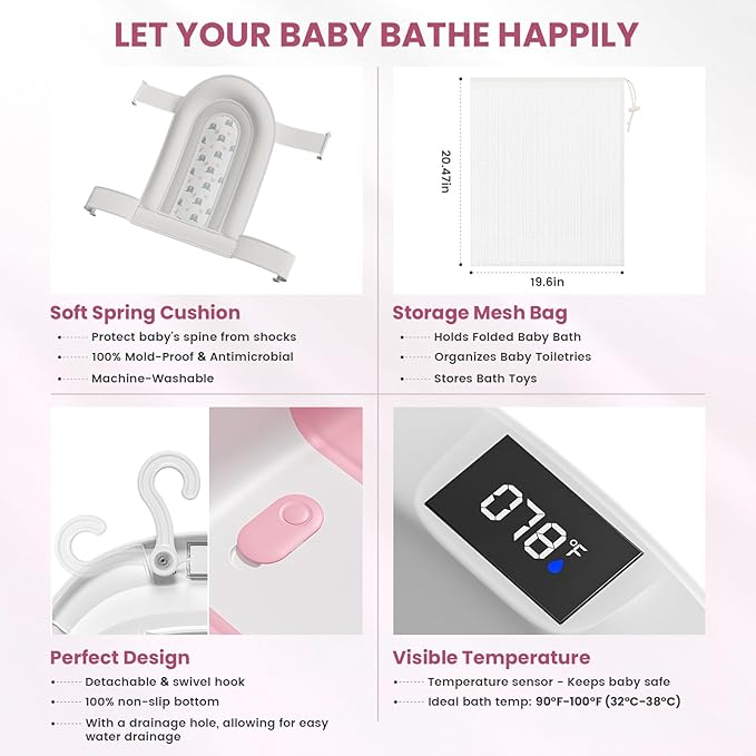 Collapsible Baby Bathtub, Baby Tubs for Newborns with Soft Cushion & Thermometer & Toy Organizer Mesh Bag, Infant Bathtub to Toddler 0-36 Months, Portable Travel Newborn Baby Bathtubs (Pink)