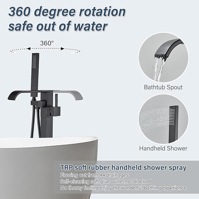 Freestanding Bathtub Faucet Matte Black Floor Mounted Tub Filler with Hand Shower Brass High Flow 360 Degree Swivel Standing Spout Mixer Taps
