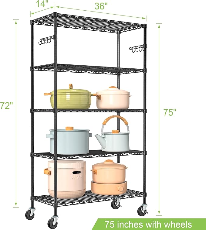 5 Tier Storage Shelves with Wheels Wire Rolling Garage Shelving Rack Organizer Heavy Duty Metal Unit Adjustable Utility Commercial Sturdy Shelves for Kitchen Garage Pantry Bathroom Closet Laundry