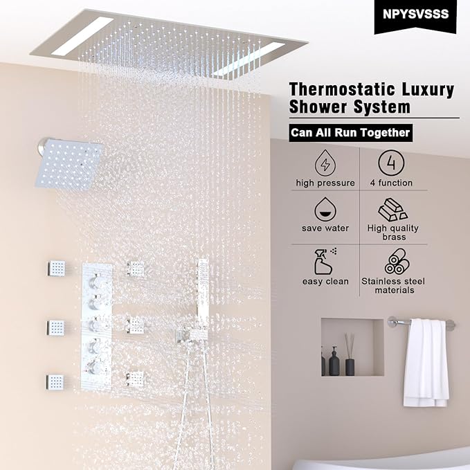 Thermostatic Shower System with 14x20 Inch Ceiling Mount LED Head & 6 Inch Wall Head and Handheld Shower 4 Function Vale with body jets Can All Run Together,Polished Chrome