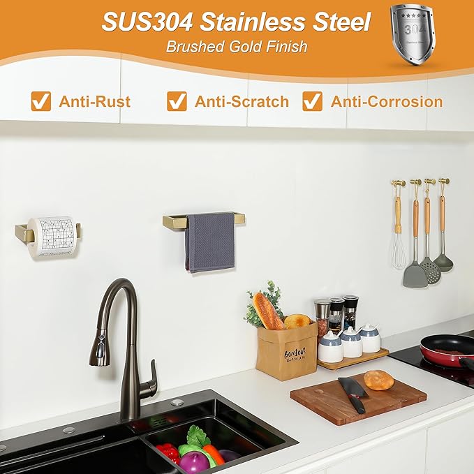 SAYAYO 6-Piece Bathroom Hardware Set Gold, Includes 10 Inch Towel Bar, Toilet Paper Holder & 4Pcs Coat Hooks Wall Mount, Towel Racks for Bathroom Accessories Set SUS304 Stainless Steel