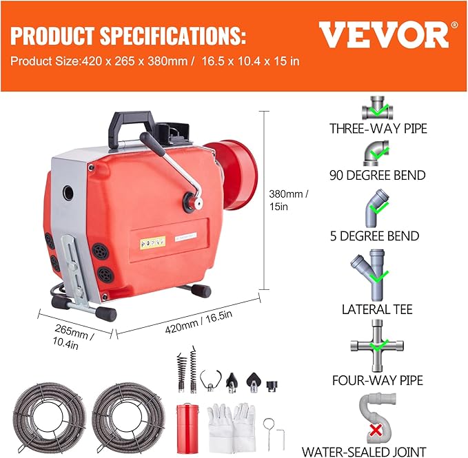VEVOR 120FT x 7/8 Inch Drain Cleaner Machine, 420W Electric Sewer Snake Auger Manual Feed - with 6 Cutters, 2 Steel Cables (120' x 7/8" and 18' x 3/8") & CW/CCW Control for 1.9" to 6" Pipes