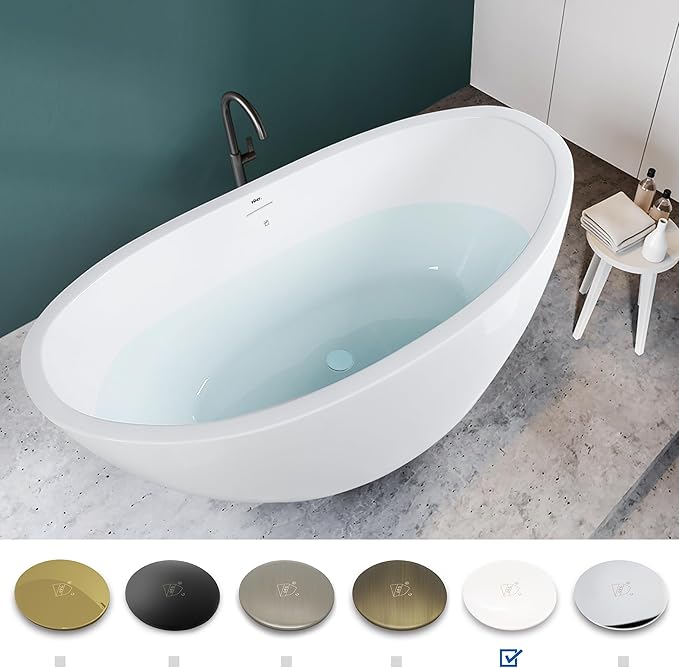 FerdY Naha 59" Acrylic Freestanding Bathtub, Curve Edge Freestanding Soaking Bathtub, Glossy White, cUPC Certified, Polished White Drain & Minimalist Linear Design Overflow Included