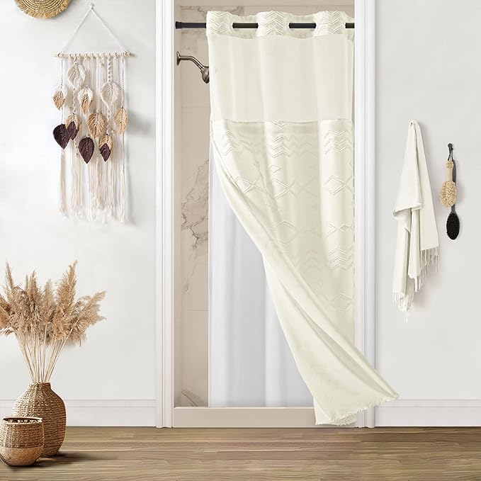 No Hooks Stall Shower Curtain with Snap in Liner- Water Repellent Tufted Chevron Striped Shower Curtains for Bath Tubs, Narrow Hotel Quality Bath Curtain Set, 36Wx74H, Beige