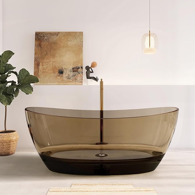 65" Premium Solid Surface Freestanding Bathtub, Contemporary Design Stand Alone Stone Resin Tub with Overflow and Pop-up Drain, Transparent Brown