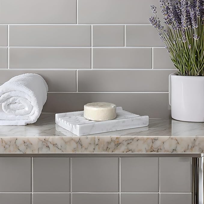 Marble Soap Dish - Soap Dish for Shower, Shower Bar Soap Holder, Real Marble Bathroom Tray, Decorative Stone Soap Dish with Drainage (Calacatta White, Wave Slot)