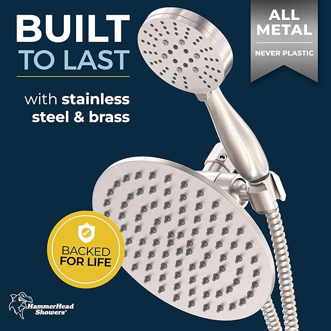 HammerHead Showers Dual Shower Head Combo, 8-Inch Rainfall & 3-Flow Handheld, Brushed Nickel, 2.5 GPM