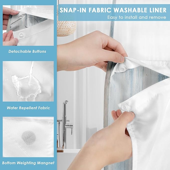 No Hook Blue Daisy Shower Curtain with Snap in Fabric Liner Set, Wooden Boards Double Layers Waterproof Fabric with See Through Top Window Open Grommet Bath Curtain 71x86 Inch