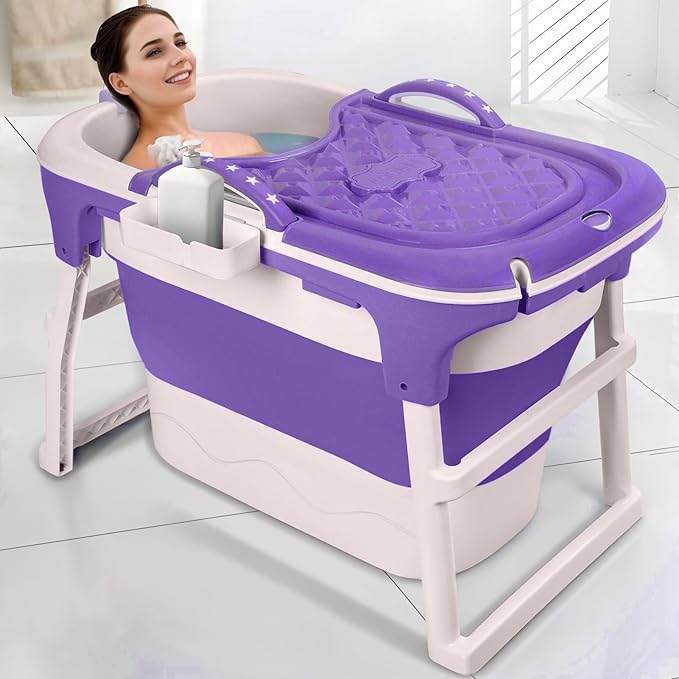 Portable Bathtub, 39 inch Portable Folding Bathtub for Adult, Portable Soaking Bath Tub with Ergonomic Seat & Massage Roller, Freestanding Surround Collapsible Tub for Hot Bath Ice Bath (Purple)
