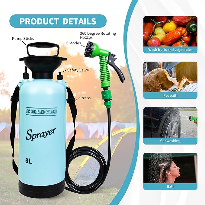 2.1 Gallon Portable Shower for Camping with 7 Spray Modes, Camping Shower for Beach Shower, Car Shower, Hand Press with Removable Hose and Shower Head (Blue)