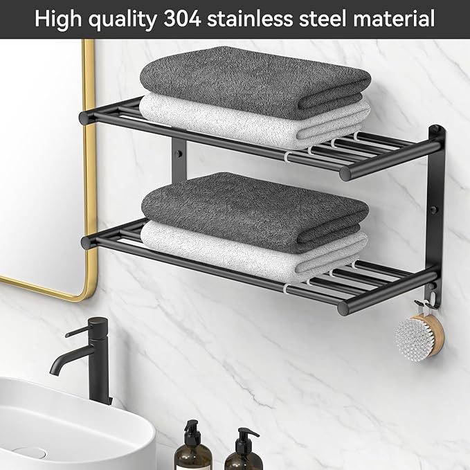 Black Adjustable Towel Bar for Bathroom Wall Mount17-30.7inch Adhesive Shower Towel Rack Stainless Steel Bath Towel Holders for Toilet Kitchen Double Towel Hanger (Black Double Towel Rack)