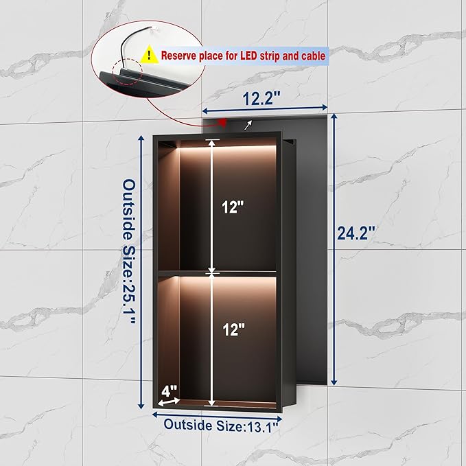 2-Tiers 12x24 Shower Niche, RGB LED Light Strips, Matte Black Wall Cabinet Shlef, Stainless Steel NO Tile Needed Recessed Wall Niche for Bathroom Storage Organizer