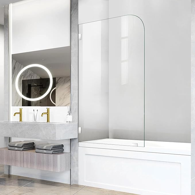 Frameless Bathtub Shower Door, 34" W X 58" H Single Fixed Bath Panel with Clamps, 1/4"(6mm) Clear Tempered Glass Bathroom Shower Screen, Bathtub Glass Panel in Polished Chrome Finish