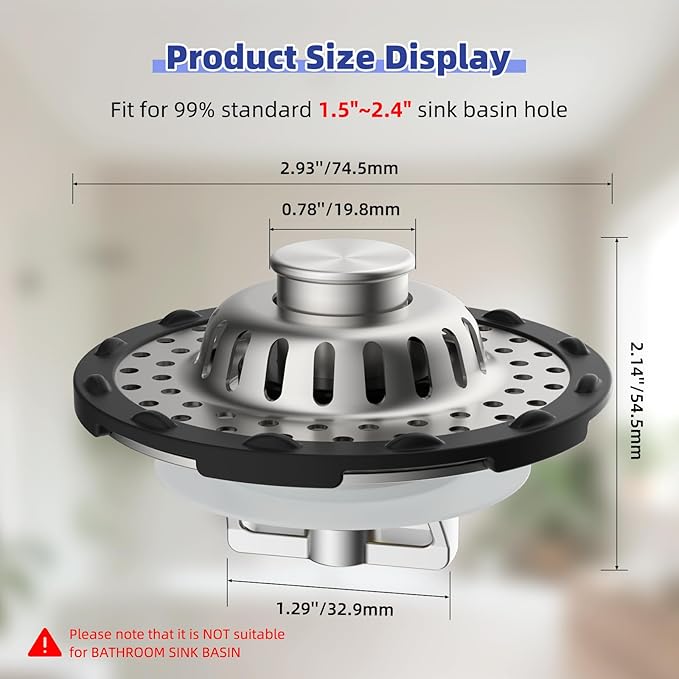 Universal Bathtub Drain Stopper Shower Drain Hair Catcher, Tub Stopper with Visible Top Strainer, Upgraded 3 in 1 Pop-up Drain Plug Fit for 1.5 to 2.4" Hole, Stainless Filter Basket, Brushed Nickel
