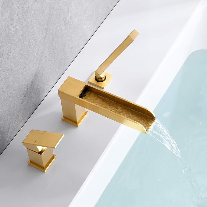 Waterfall Roman Tub Faucets Deck Mount Brushed Gold Bathtub Faucets Brass Tub Filler Bathroom Faucets with Hand Shower