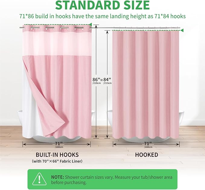 Extra Long No Hooks Needed Linen Textured Shower Curtain with Snap-in Fabric Liner Set,White Hotel Luxury Decor Shower Curtains for Bathroom,Waterproof & Washable,71Wx86H,Pink