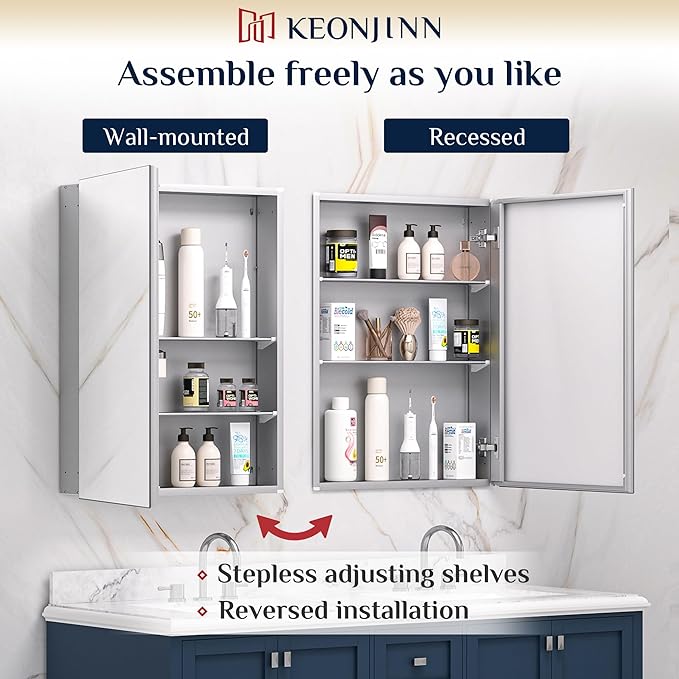 Keonjinn 36 x 24 Inch Bathroom Mirrored Medicine Cabinet, Lightweight Aluminum Structure, Freely Adjustable Shelves, Combined Assembly Needed, Surface Mount or Recessed Mirror with Storage