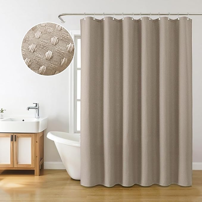 Inhousolu Fabric Shower Curtain Waffle Weave, 230 GSM Heavy Duty, Weighted Hem, 14 Metal Hooks, Water Repellent, Machine Washable, Hotel Spa Luxury Bath Curtain Set, 72 x 78 Inch, Beige