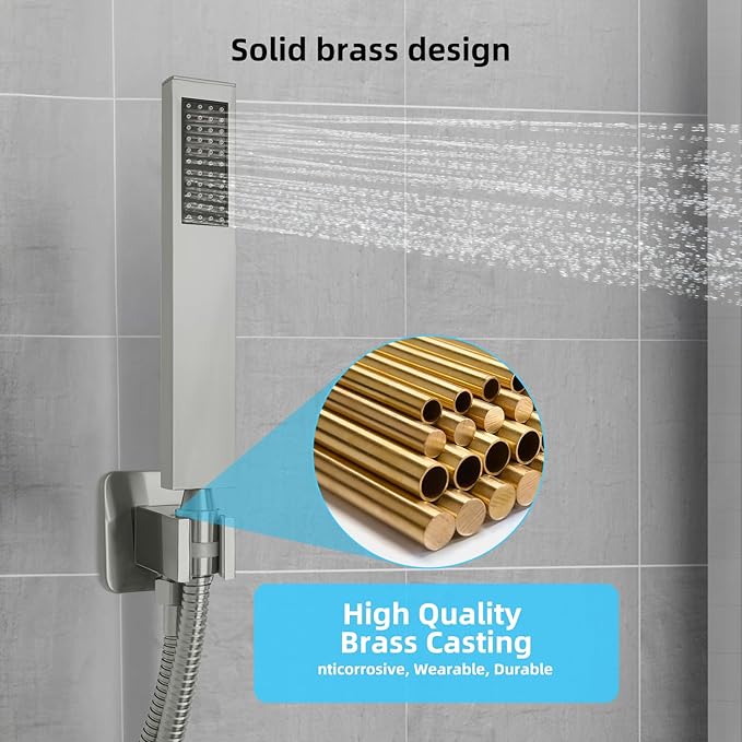 Bathroom Shower Faucet Set，10 Inch Rain Shower Head with Handheld Spray，Brass Shower Valve Trim Kit，Wall Mounted Square Rain Shower System (Brushed Nickel)