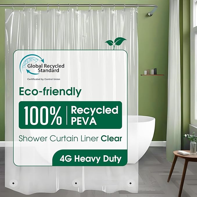 Bowery Home NOT Made in China Eco-Friendly Recycled PEVA Shower Curtain Liner – Waterproof, Sustainable, Non-Toxic Shower Curtain Liner, with Rust-Proof Grommets, 72x72IN, 4G – Clear