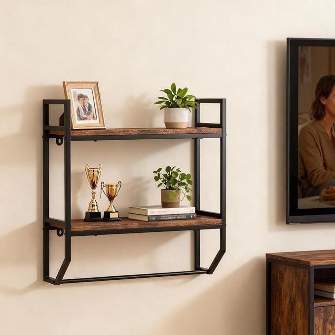 POWERSTONE 2-Tier Bathroom Towel Rack Industrial Wall Mounted Shelf with Towel Bar, Over The Toilet Storage Shelf with Metal Frame for Bathroom Kitchen Laundry Room Rustic Brown