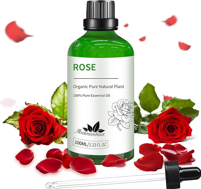 Pure Rose Essential Oil for Reed Diffuser, Aromatherapy, Skin, Hair, Evening Relaxation &Pillow Mist, Mumianhua Natural Floral Aroma for Bedtime Serenity, Calming Blends, Soap Candle Making 3.38 Fl Oz