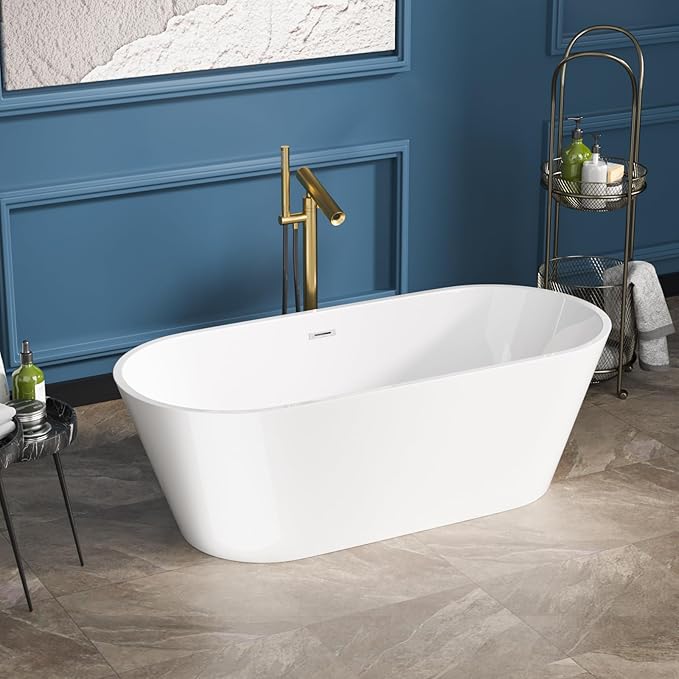 Sarlai 67 Inch Acrylic Freestanding Soaking Bathtub Contemporary Soaking White Tub Stand Alone Ergonomic Bathtub with Black Drain