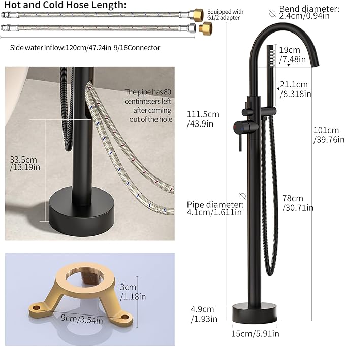 Freestanding Bathtub FaucetFloor Mount Bathtub Filler Shower Mixer Faucet with Handheld Shower Sprayer Swivel, Side Inlet，Matte Black