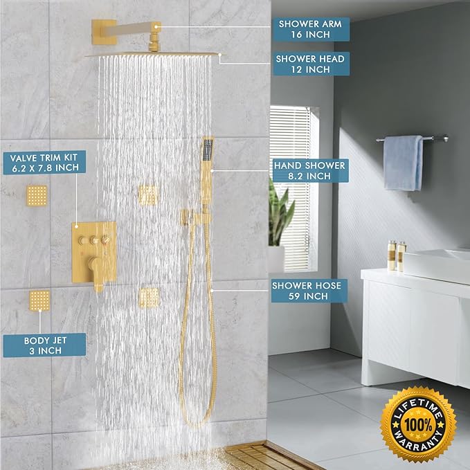 Brushed Gold Shower System with Body Jets，Bostingner 12" Rain Shower and Handheld, Can Use All Spray at A Time,Wall Mount Push Button Shower Faucet Set with Valve and Trim Kit Included
