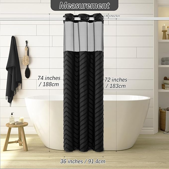 No Hooks Stall Fabric Shower Curtain with Snap in Liner- Water Repellent Tufted Chevron Striped Shower Curtains for Bath Tubs, Narrow Hotel Quality Bath Curtain Set, 36Wx74H, Black