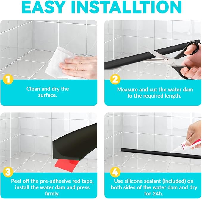 Shower Threshold Water Dam Barrier 98", Silicone Sealant Included, Collapsible Self-Adhesive Water Blocker, Shower Door Water Stopper for Floor Bathroom Kitchen Bathtub Sink