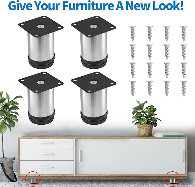 3 Inch Metal Furniture Legs Stainless Steel Adjustable Legs Silver Table Legs Round Cabinet Legs for Coffee Table Cabinet Desk Sofa Shelves, Pack of 4