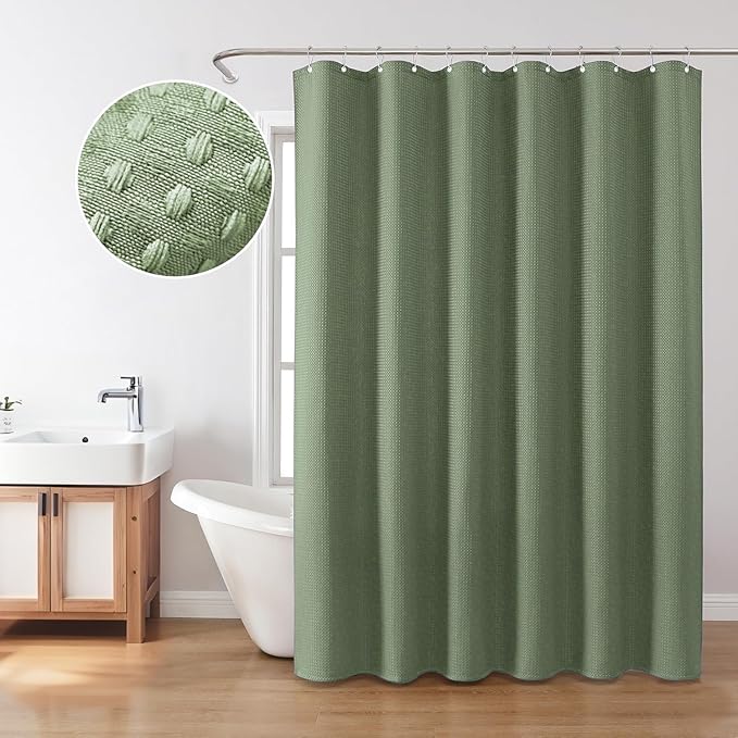 Inhousolu Fabric Shower Curtain Waffle Weave, Sage Green 230 GSM Heavy Duty, Weighted Hem, 14 Metal Hooks, Water Repellent, Machine Washable, Hotel Spa Luxury Bath Curtain Set, 72 x 72 Inch