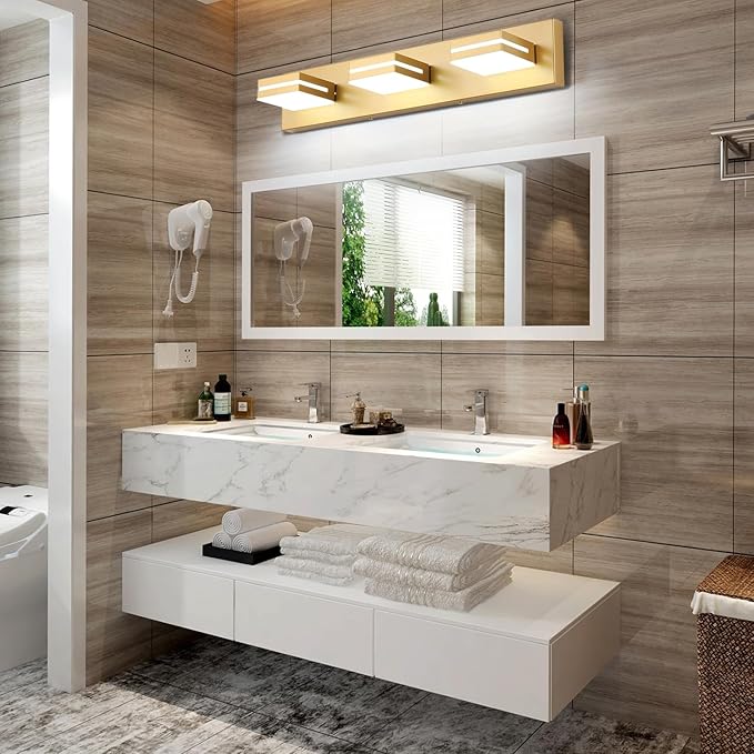 SineRise LED Modern Bathroom Vanity Light Fixtures (3-Light, 24-Inch), Matte Gold Modern Acrylic Bathroom Wall Lighting Fixtures Over Mirror (Cool White 6000K)
