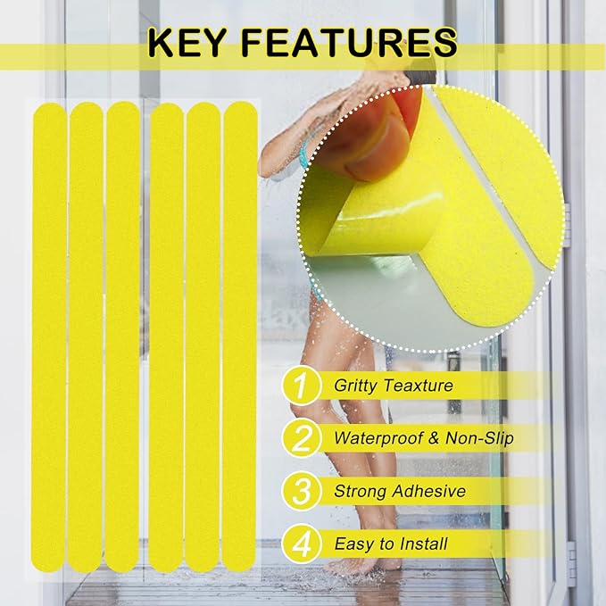 S&X Non Slip Bath Stickers,Gritty Textured Slip-Resistant Treads,0.75-Inch by 11-Inch,12 Strips Per Pack (Yellow)