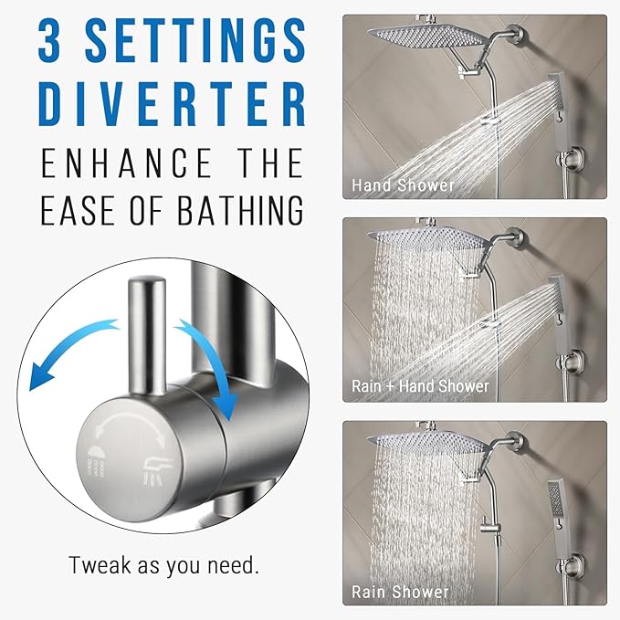 G-Promise Metal Shower Diverter, Handheld Holder Included, 3-Way Diverter for Handheld and Fixed Shower Head ∣3-Settings Universal Bathing System Replacement Part (Brushed Nickel)